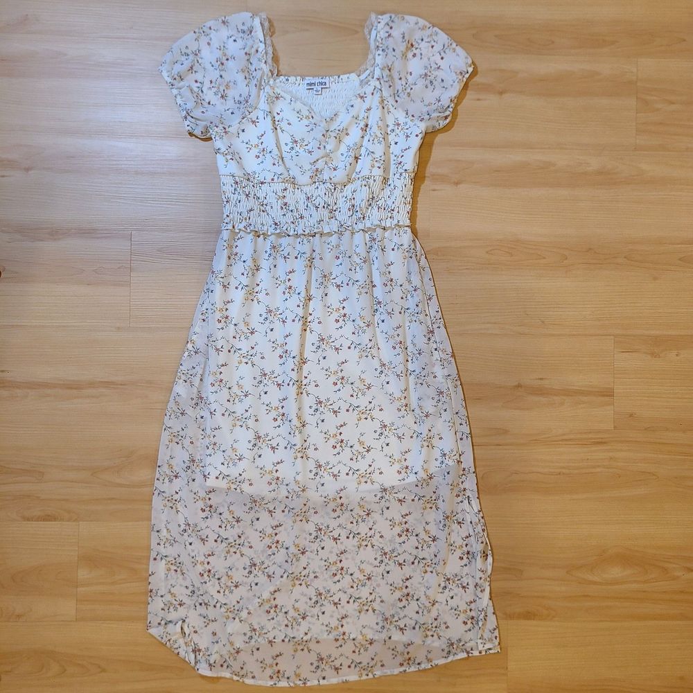 Mimi Chica Cream Floral Print Puffy Sleeve Maxi Dress Women Size Large